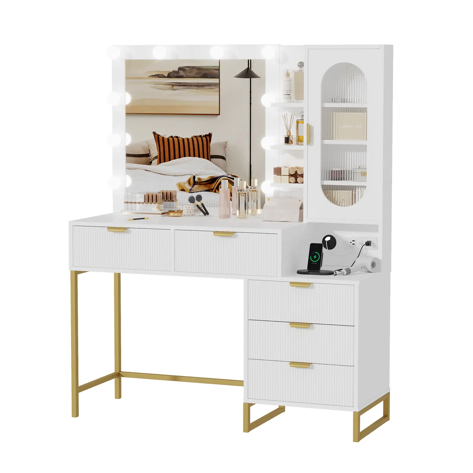 Premium Modern Makeup Vanity Desk with Lighted Mirror & Wireless Charging Station, 3-Color Dimmable LED Lights Built-in Power Strip, 5 Drawers & Fluted Glass Cabinet Ample Storage Bedroom Dressing Table Organizer for Women, White & Gold