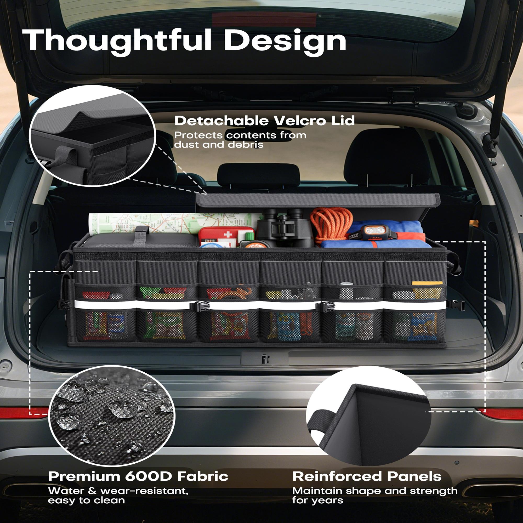 3 Compartment Car Trunk Storage Organizer Medium, Black Foldable Trunk Organizer with Lid and Removable Cooler Bag, Portable Storage Box for Groceries, Sports Gear and Tools, Durable Car Organizer for SUV, Truck and Daily Travel Use