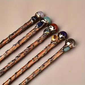 Artificial Crystal Ball Wand, Handmade Wooden Magic Wand, Witch Cane, Cosplay Costume Props, Halloween Party Decoration Photography Props, Stage Performance Accessories