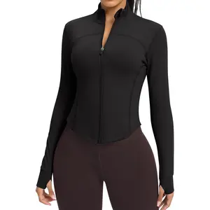 Women BBL Full Zip Up Workout Athletic Cropped Jacket With Thumb Holes Running Yoga Sportswear