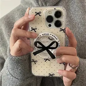 Korean Cute Black Bow For Magsafe Magnetic Phone Griptok Grip Tok Stand For iPhone 15 14 13 Foldable Wireless Charging Holder