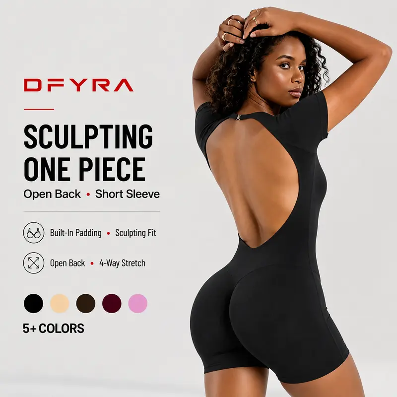 DFYRA Impact Short Sleeve One Piece Bodysuit Women's Seamless Workout Unitard Tummy Control Butt Lifting Short Sleeve Yoga Romper