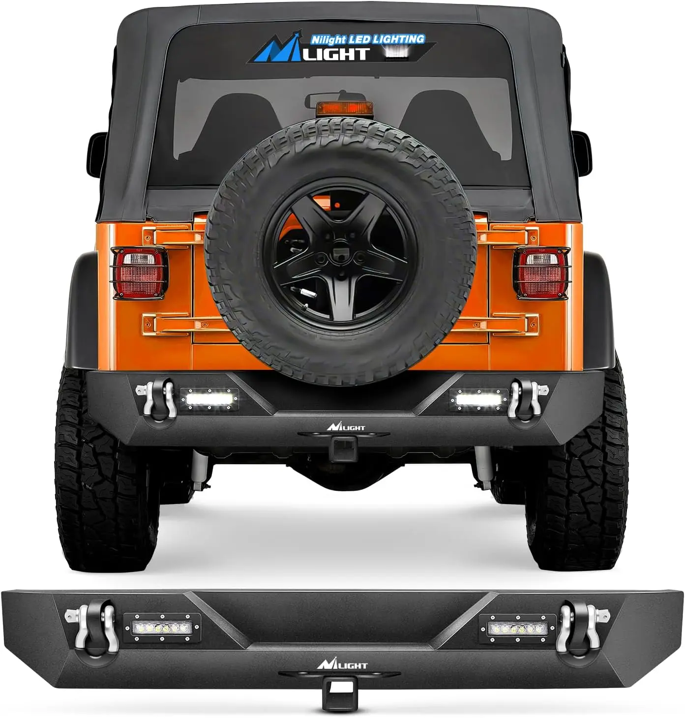Nilight Rear Bumper for 1987-2006 Jeep Wrangler TJ & YJ, Off-Road Rock Crawler Design with Hitch Receiver, 2 Upgraded 40W LED Lights, Textured Black Auto Body Replacement Part, Vehicle Exterior Decoration