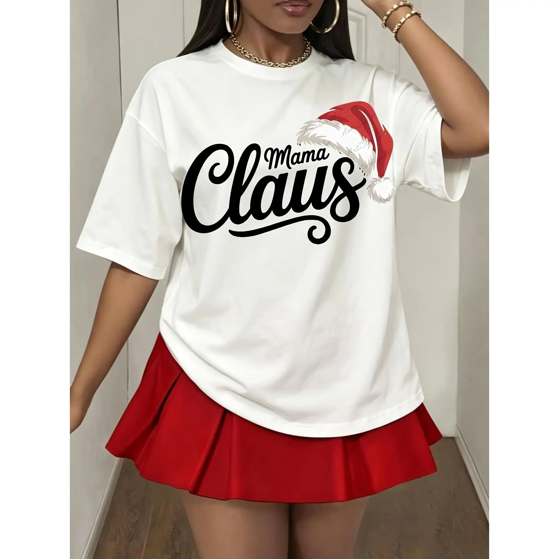 Mama Claus Christmas T Shirt, Women Funny Santa Hat Graphic Tee, Holiday Party Outfit With