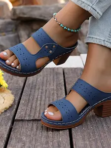 Women's Hollow Out Wedge Sandals Summer Fresh Blue Chunky Heel Slippers Outdoor Wear Height Increasing Casual Shoes