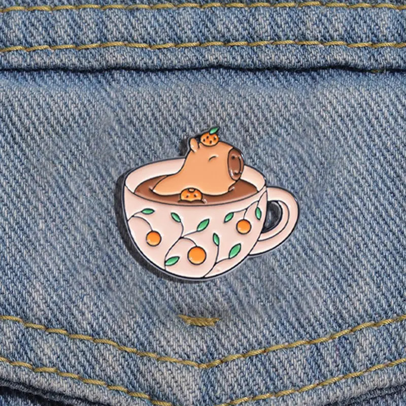 Cute Cartoon Capybara & Tea Cup Design Brooch, Lapel Brooch, Fashion Alloy Badge for Daily Clothing Decor, Trendy All-match & Exquisite Brooch for Gift, Alloy Brooch Pin, Lapel Pins