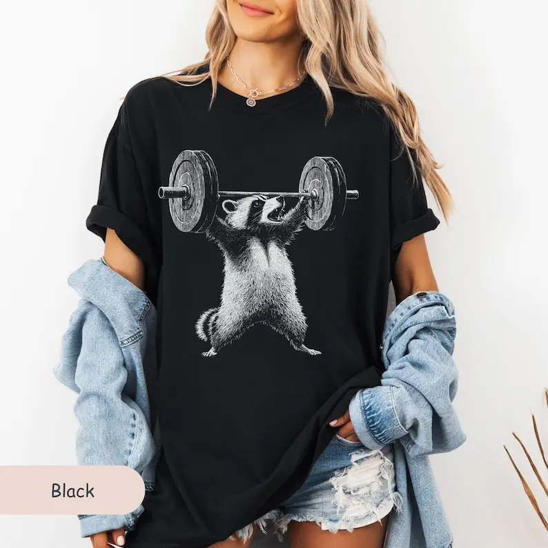Women's Graphic Cotton Short-Sleeve T-Shirt - Casual Oversized Streetwear Top with Funny Raccoon Lifting Meme, Vintage White, Raccoon Lover Gift, Cute Vintage
