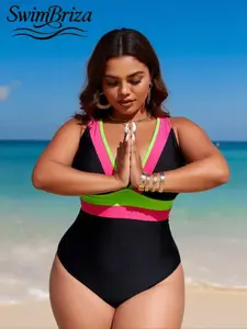 Briza｜One Piece Swimsuit Black Neon Pink Green Colorblock, Plus Size Swimwear And Plus Size Swimsuits, Bathing Suit Women Love With Swimsuit For Women Fit, Swimsuit Tummy Control For Vacation Swimwear For Women, Cute Swimsuits For Women