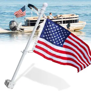 Boat Flag Pole, Pontoon Boat Accessories White Flag Pole Kit, 60 in Flag Pole with 12x18  Flag, Adjustable Holder Mount, Tangle Free Rings, 1 inch Metal Marine Flags Pole Fit Yacht Rails