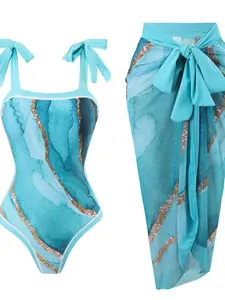 Summer Marble Print One-Piece Swimsuit and Half-Transparent Mesh Short Skirt 2 Piece Set, Women's Swimwear, Casual Beach Wear
