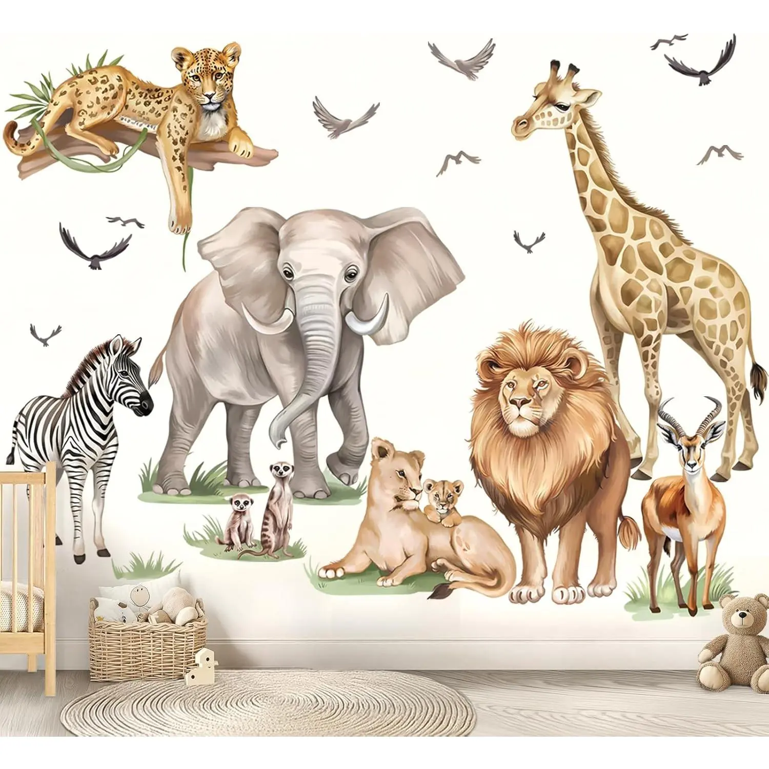 F-WPA05 Large Rectangular Vinyl Decorative Wall Stickers Pack - Peel-and-Stick Safari Animal Print Decals (Lion, Leopard, Giraffe) for Baby Nursery, Living Room, 4th of July, Mother's Day, Labor Day, Easter