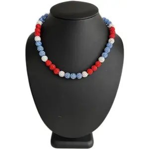 Iced Bling Disco Ball Rhinestone Crystal Bead Baseball Necklace Red Blue