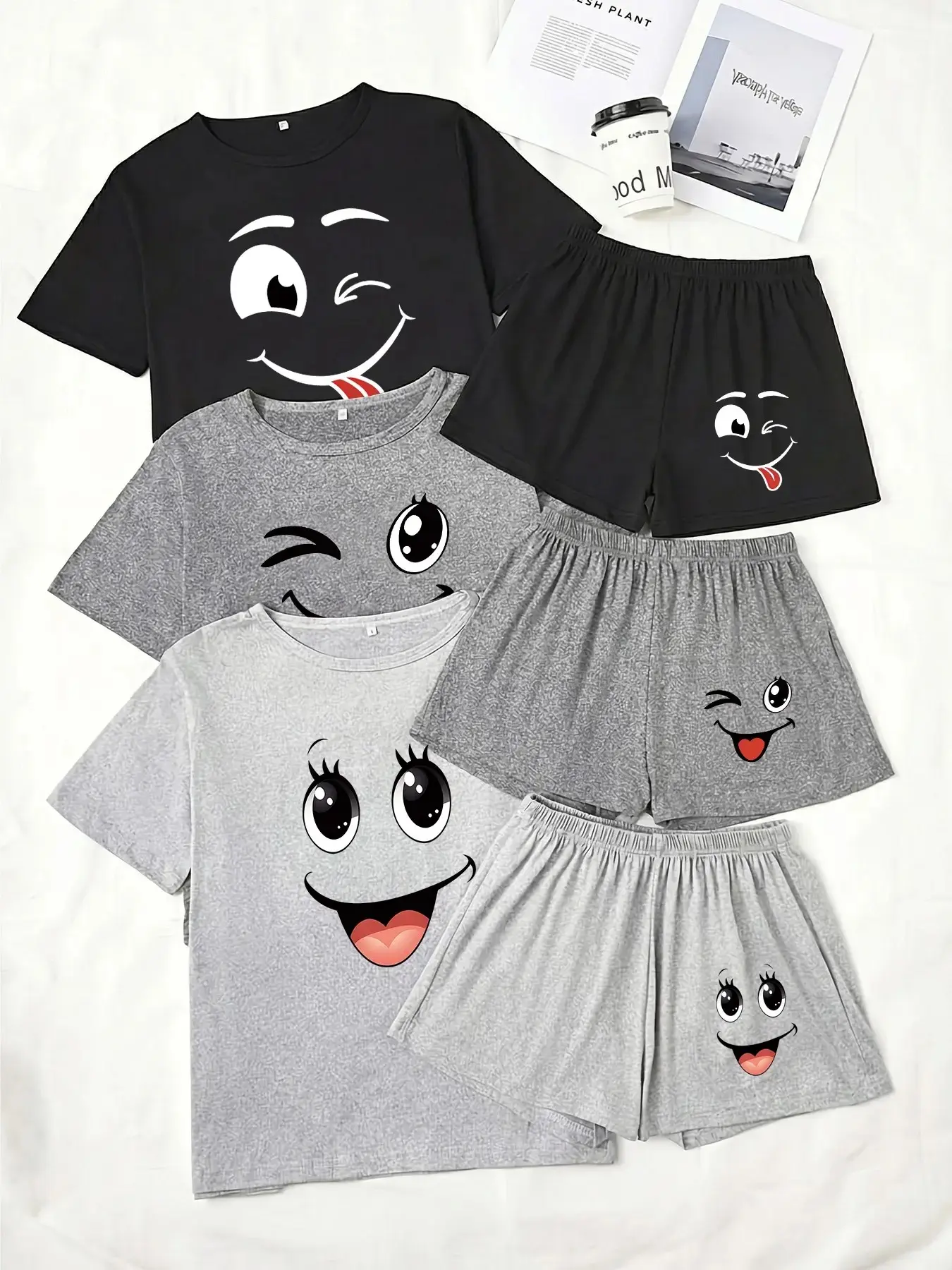 Three Sets Pajama Pjs for Women, Short Sleeve Tee and Shorts, Smiley Face Print, Loose-Fitting Casual Sleepwear, Loungewear, Comfortable Nightwear