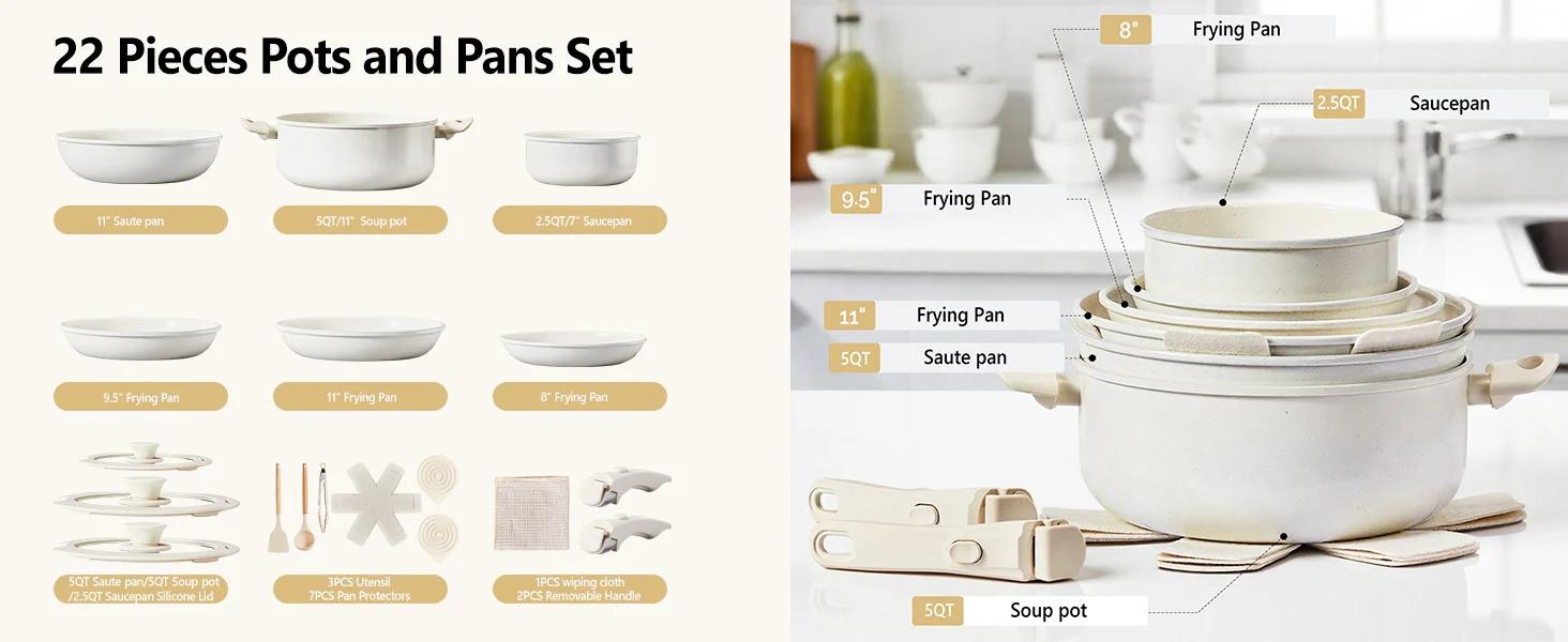 [FLASH SALE] ROVSUN 22 Pcs Nonstick Pots and Pans Set with Detachable Handles