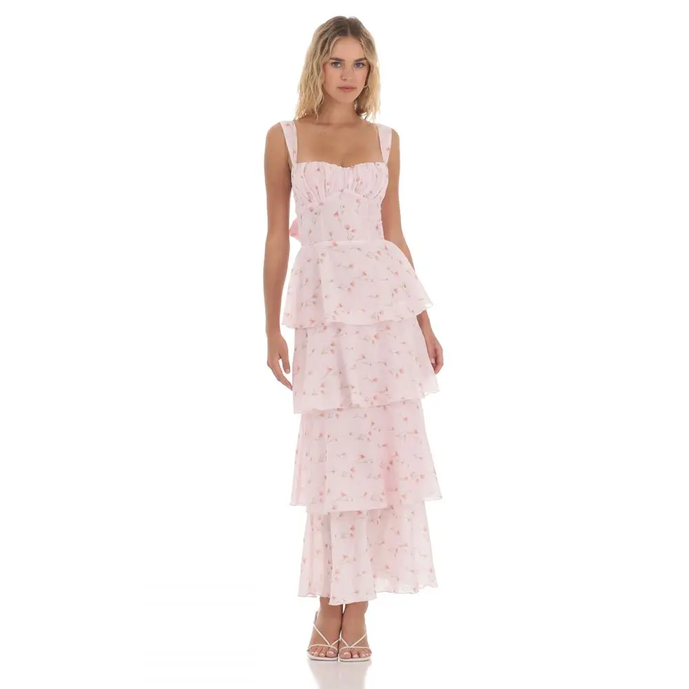 Floral Ruffle Maxi Dress in Pink