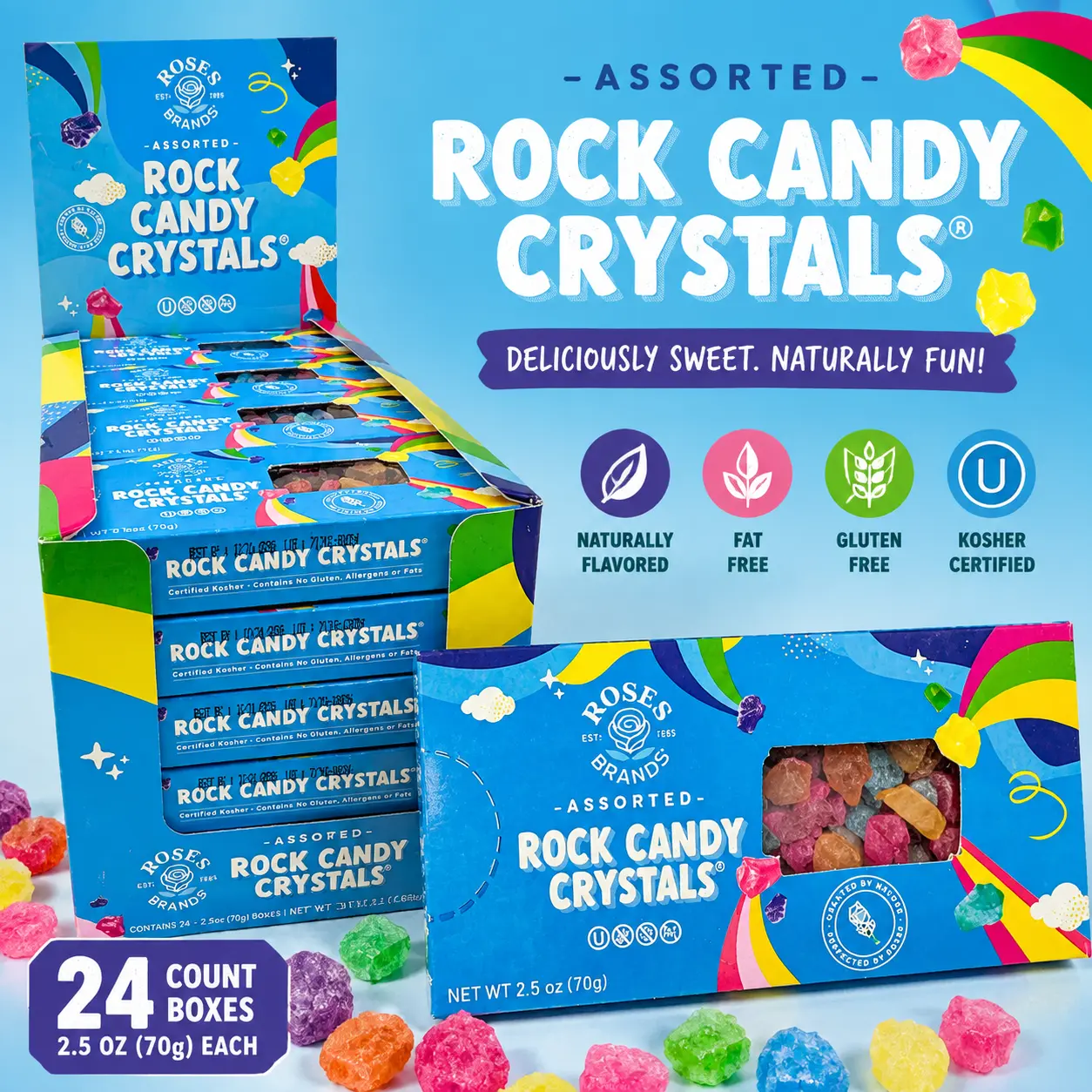 Roses Rock Candy Crystals Assorted Box 2.5 oz 24 Count  Colorful Crystal Sugar Candy | Classic Party Favors & Sweet Treats