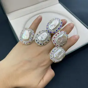 Natural Baroque Pearl Ring Living Jewelry Ring European and American popular craftsmanship clay inlaid crystal jewelry, Crystal Rings, Pearl Rings
