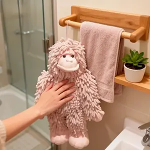 Cute Pink Gorilla Print Chenille Hanging Hand Towel, Super Absorbent Soft Dual‑Use Towel for Bathroom & Kitchen, Fun Animal‑Themed Home Decor