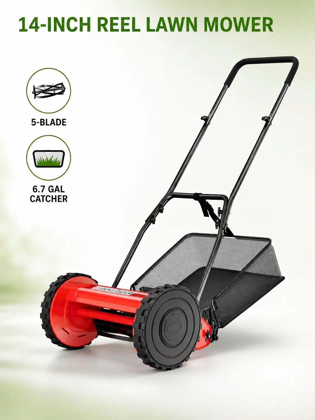 14-Inch Manual Reel Lawn Mower – 5-Blade Push Mower with 4-Position Cutting Height and 6.7-Gallon Grass Catcher, Red