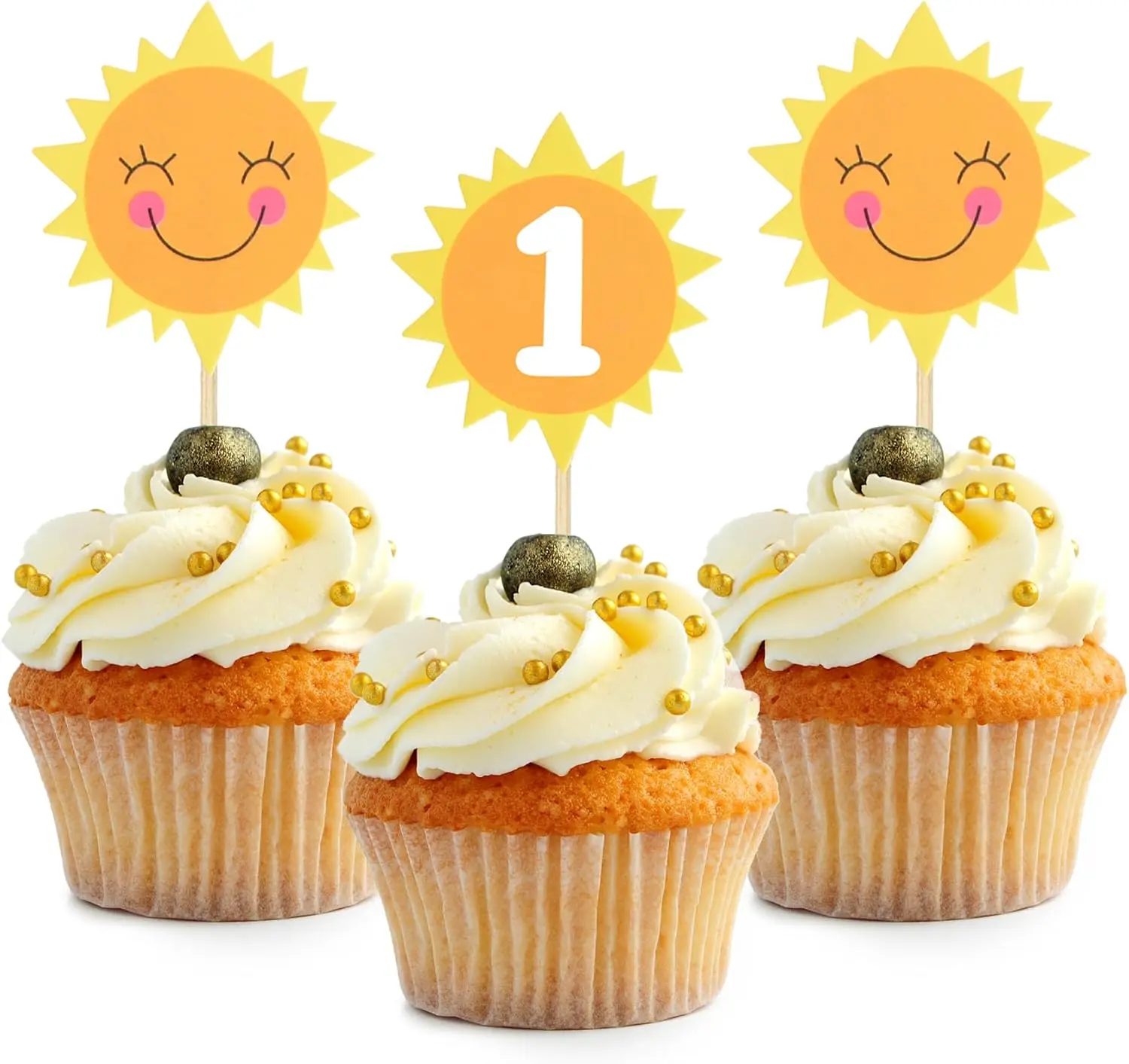 1st Birthday Sun Cupcake Toppers Pack of 24 Unique Flower Shape Party Decorations for Baby Shower Birthday Tea Parties Anniversaries