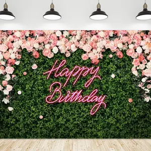 Pink Rose Floral Birthday Backdrop Botanical Garden Style Polyester Fabric Photography Background Wrinkle Resistant HD Print Party Decor Photo Booth Setup
