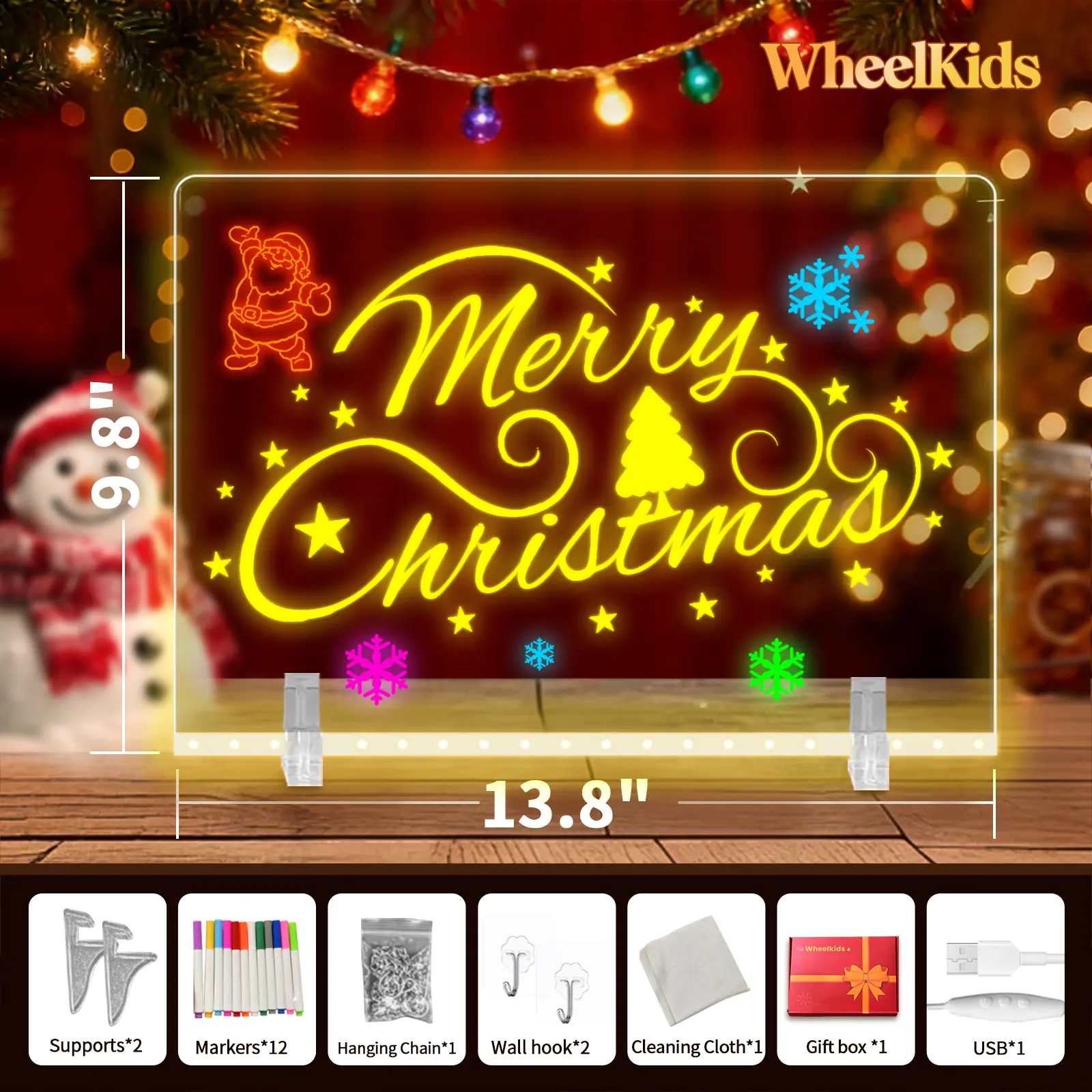 WHEELKIDS Eye Care LED Drawing Board for Kids, Cartoon Work Toy with Light-Up Dry Erase Acrylic Board, Stand & Markers, Easy-Wipe Gift Box Set