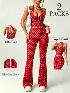Women's Polka Dot Halter Top and Wide Leg Pants Set, Deep V Neck Sleeveless Top + High Waist Bell Bottoms, Y2K Retro Style