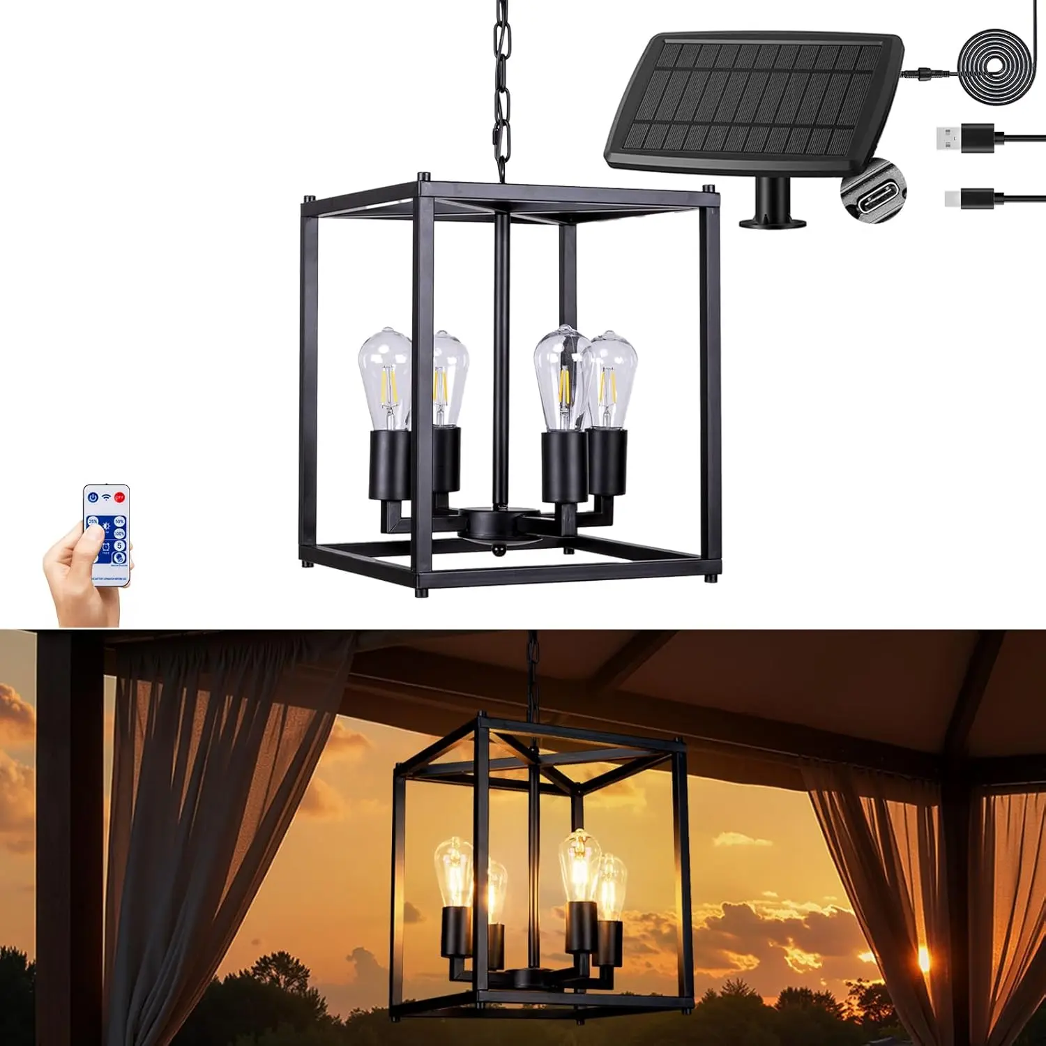 Solar Chandelier Outdoor, 14" Farmhouse  Dimmable Hanging Pendant Lights for Gazebo, Pergola, Canopy Decor