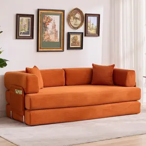 Orange 5-in-1 Convertible Sofa Bed, 78.8" Modular Corduroy Sleeper with Sturdy Frame & No Assembly, Multi-Functional Futon for Small Space, Living Room & Guest Room