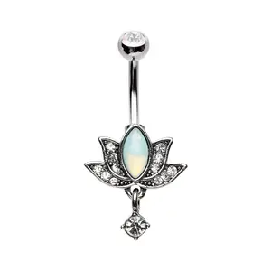 Opalite Lotus with Dangling Gem Belly Button Ring - 316L Stainless Steel