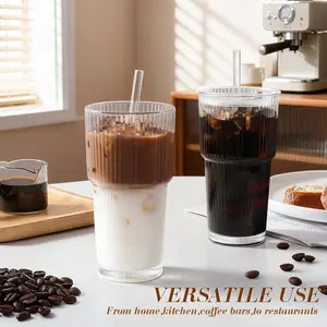 20oz Vertical Stripes Glass Coffee Cups with Lid & Straw Set of 4 Premium Thickened Glass for Iced Coffees Cocktails Juices Back to School Season Family Use & Parties Leak Proof Tumblers Drinking Glassware Beverage