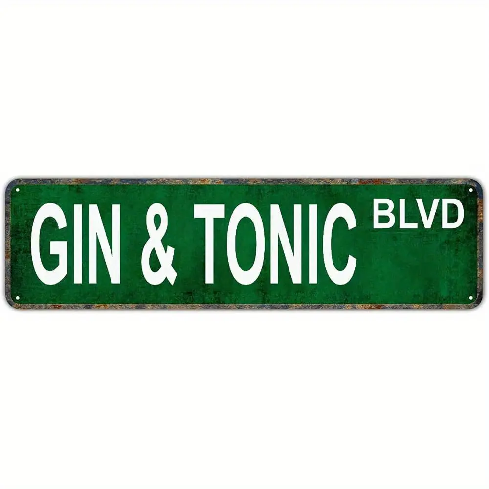 Vintage GIN & TONIC Metal Street Sign - Retro Wall Decor for Bar, Yard, or Garden, 4x16 Inch, Green Distressed Finish, Rustic Home Decor Plaque, Garden Signage |   Retro Aesthetic |   Durable Tin Sign, Metal Outdoor Decor