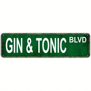 Vintage GIN & TONIC Metal Street Sign - Retro Wall Decor for Bar, Yard, or Garden, 4x16 Inch, Green Distressed Finish, Rustic Home Decor Plaque, Garden Signage |   Retro Aesthetic |   Durable Tin Sign, Metal Outdoor Decor