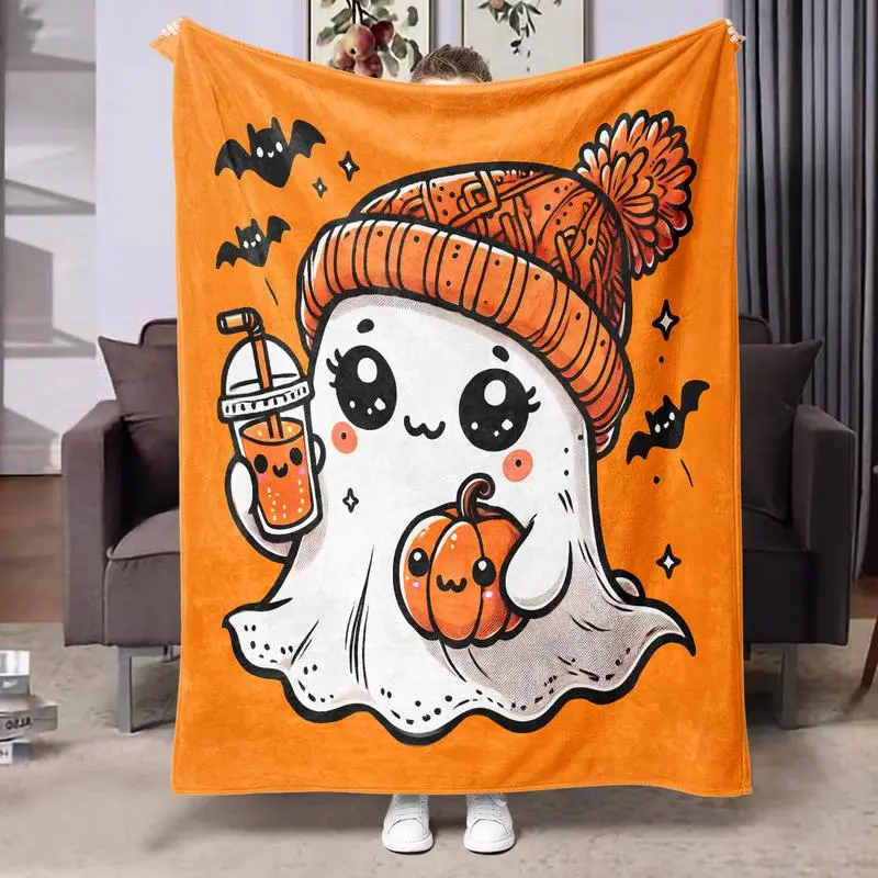 Soft Stain-Resistant Cute Ghost Pattern Throw Blanket 1-Count Warm Comfortable Nap Flannel  Blanket Halloween Decor for Home Office Air-Conditioned Rooms with Cartoon Pumpkin Design