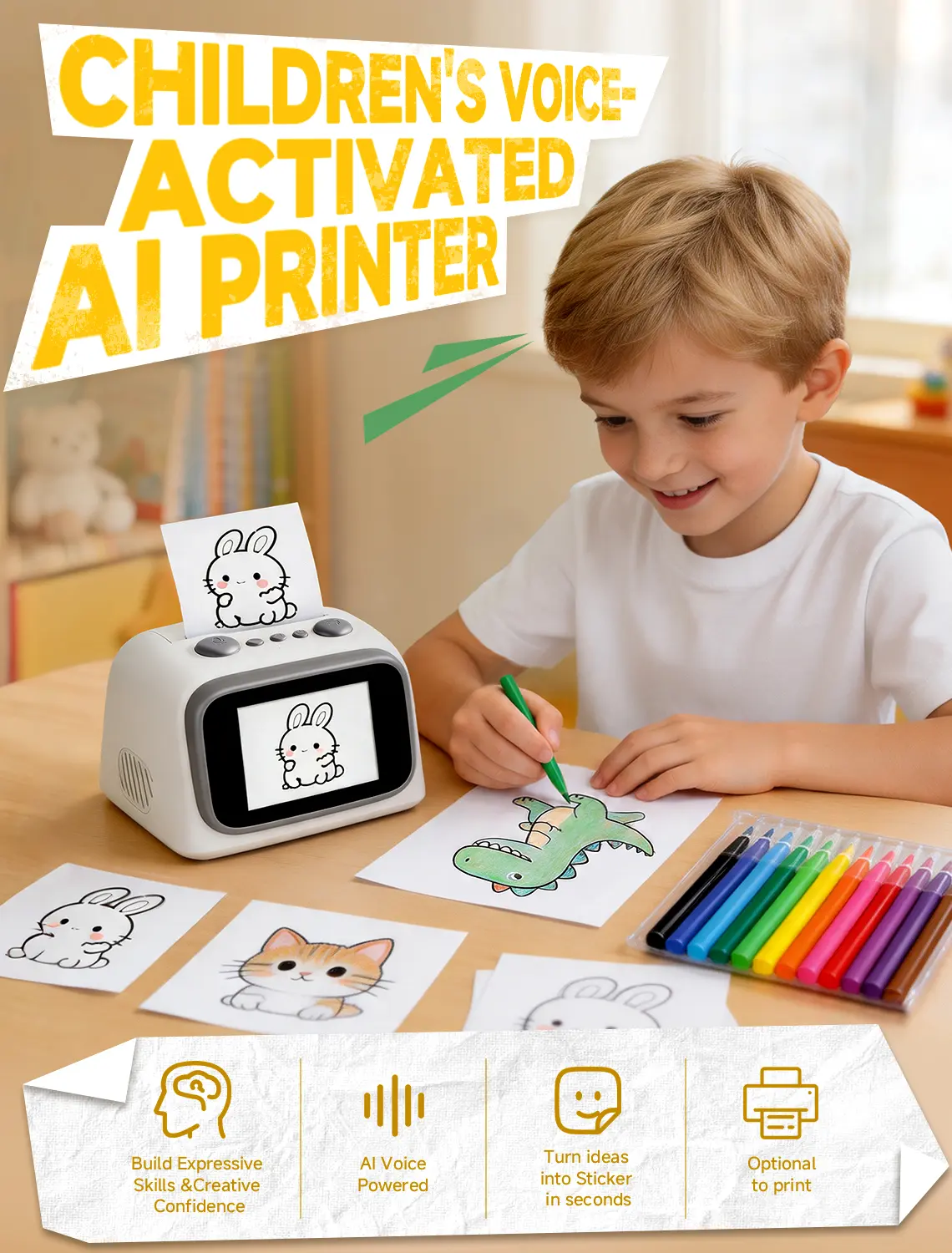 Children's AI Voice Printer—a talking, educational, and creative learning toy that generates drawings and stickers via voice commands, combining education with fun—a creative gift for kids