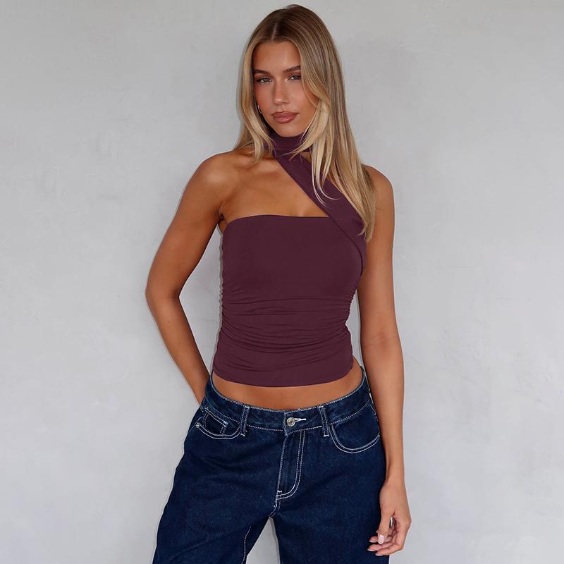Adjustable Neck Tie Strapless Crop Top with Ruched Side Women's 2025 Fall New Slim Fit Solid Color Essential for Holiday Beach Party & Night Dating Outfits Ladies Casual Sleeveless Short Tank Vest