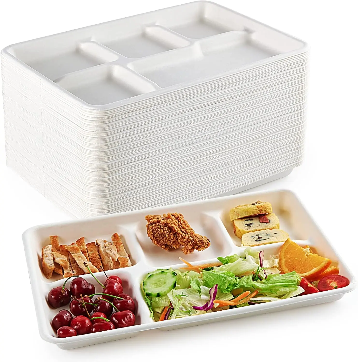 Compostable Disposable 5 Compartment Paper Plates, 12.5inch | Disposable 5 Compartment Paper Plates, Biodegradable Sugarcane Plates, Eco-Friendly School Lunch Trays