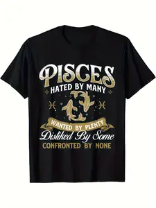 Men's & Women's Pisces Zodiac T-Shirt - 100% Cotton Black with Golden Astrological Fish Symbol & Pisces Sign, Short Sleeve Round Neck Casual Shirt, Regular/Loose Fit for Casual Attire, All-Season Apparel for Pisces Season Birthdays & Gifts
