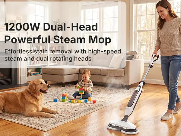 Sweetcrispy Dual-Head Corded Steam Cleaner Mop with Power Cord, Rapid Heating 30s Quick Heat Start, LED Display, 2 Spinning Machine-Washable Pads, Visible Water Volume, Easy Refill Cup, Quick-Dry for Hardwood, Tile Floors (Steam Cleaner for House)