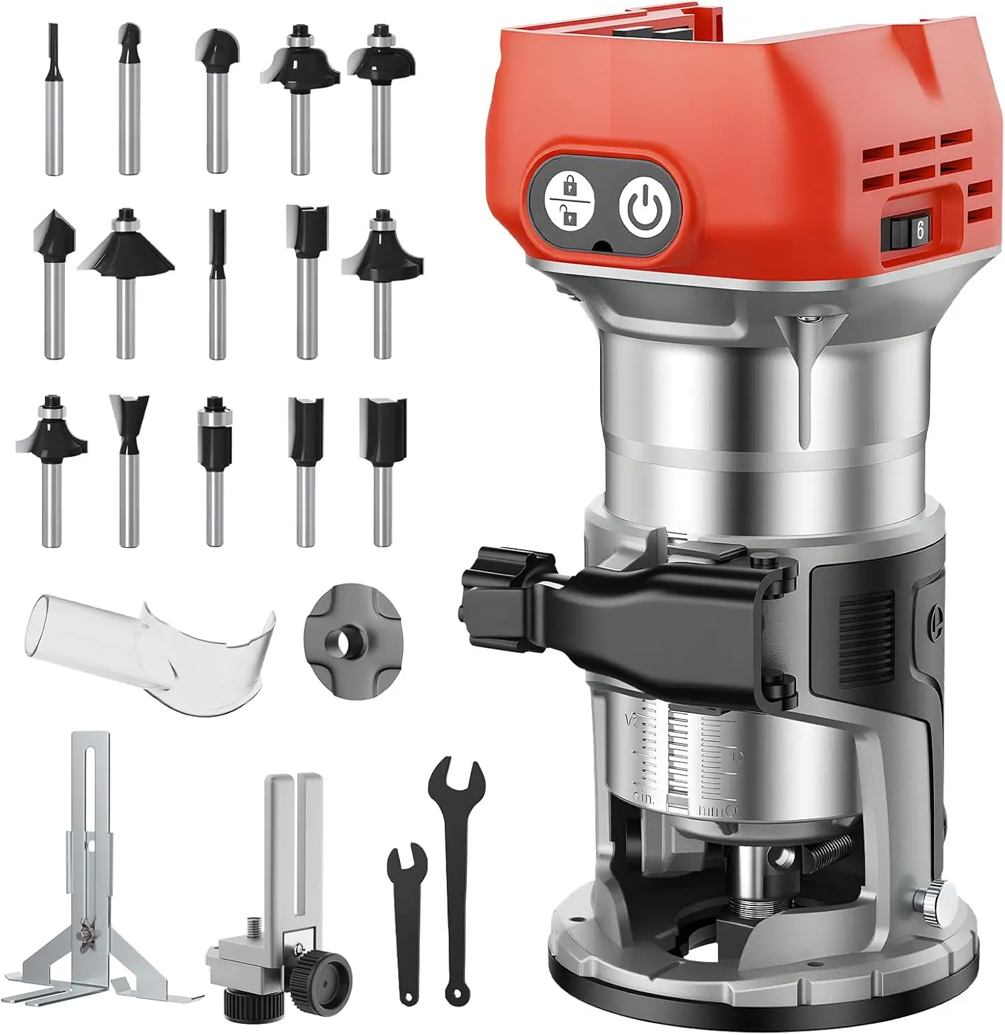 Cordless Compact Router Compatible with  18V Battery (Bare Tool), 800W Brushless Palm Router with 6 Variable Speeds (12,000–30,000 RPM), Trim Router Kit with Bits & Edge Guide for Woodworking