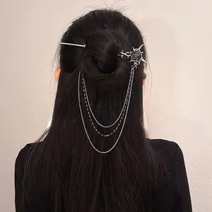 Modern Hair Stick Rose Flower Metal Tassel Hairpin Forks for Women Black Beads Fringe Hair Clasp New Chinese Hanfu Hair Jewelry