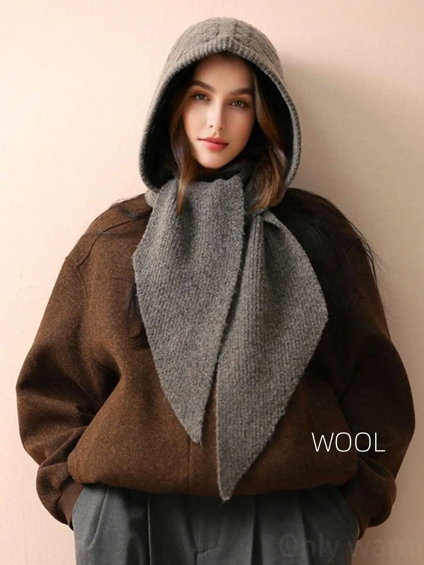 1PC Women's Casual Wool Knit Beanie Hat, Textured Warm Windproof Thermal Lined Cute Knitted Hooded Scarf Neck Warmer, Suitable For Dates, Daily Wear, Shopping, Traveling, Matching For Dress, Soft Warm Shawl