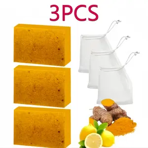 [BUY 1 GET 2 FREE] Lemon Turmeric & Kojic Acid Soap Bar, Summer Acne Face & Body Wash for Men & Women, Daily Skincare Cleanser Sets with Soap Saver Bags, Christmas Gift Cleansing