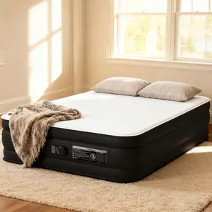 17" Thick King Size Blow-Up Bed with Built-In Pump No-Leak Design Milk Fiber Topper Coils Over 502 LBS Capacity for Camping Home Use