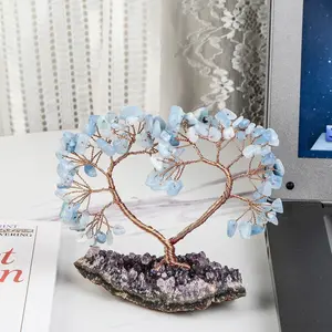 MollyGems Handmade Aquamarine Love Heart Shape Wire Wrapped Crystals Tree with Amethyst Cluster Base Home Ornament