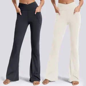 SHOWITTY 2-Pack Flare Leggings for Women with Pockets – Plus Size Crossover High-Waisted Black Workout Underwear