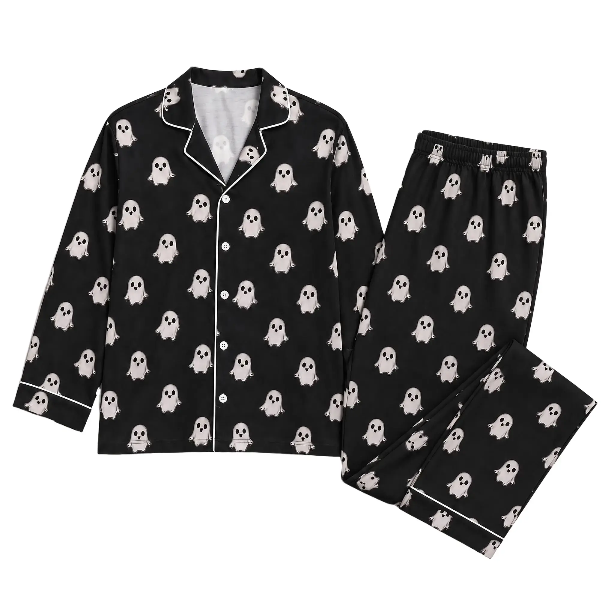 Men's 2-Piece Ghost Print Sleepwear Set - Elastic, Soft Long-Sleeve Button-Down Shirt, Matching Pants, All-Seasons Black Halloween Loungewear (Shorts Option Available)