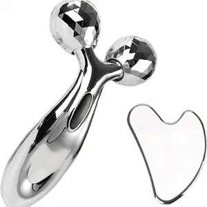 Stainless Steel Gua Sha and Face Roller Set, Facial Tool for Face Sculpting, Metal Skin Care, Massager for Women