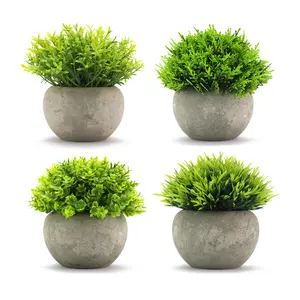 Artificial Potted Plants Faux Greenery in Cement Pots for Shelf, Bookshelf, Office or Home Decor, Small Decorative Fake Plants for Modern Indoor Display