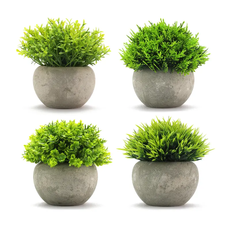 4-Pack Assorted Potted Fake Greenery Trees - Small Mini Artificial Faux Greens Fake Plant Decorations in Cement Pots for Tabletop, Farmhouse Home Decor, Business Gifting (Casual Boxing-Ready), Fake Greenery Tree